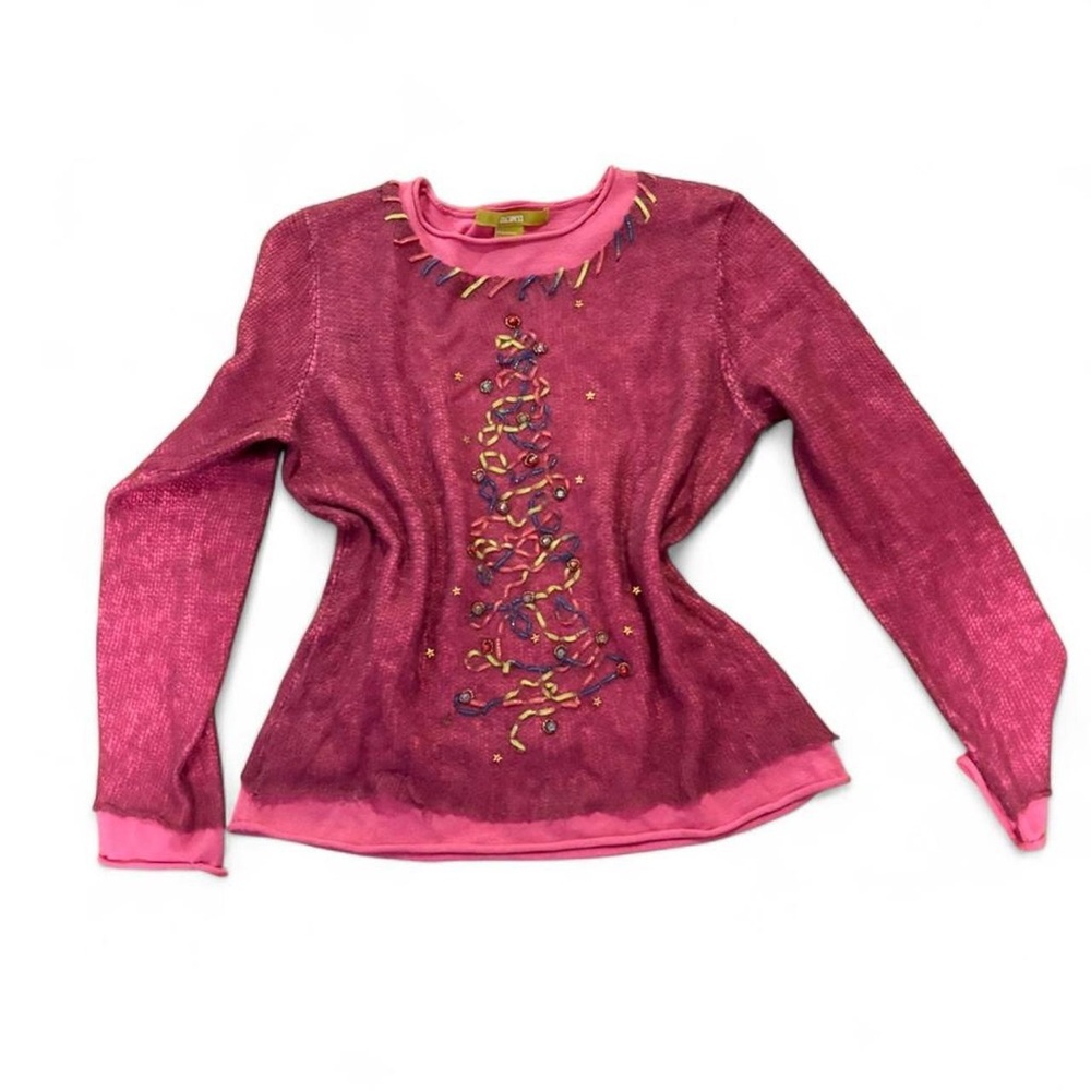 Acorn cute pink Christmas sweater with‎ ribbon tree and beads med